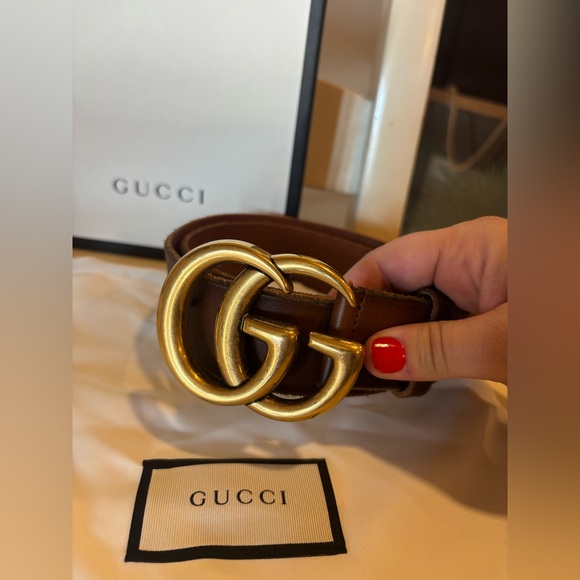 Gucci Double G Brown Leather Belt Size 80/32 Made in Italy Authentic - Picture 1 of 6